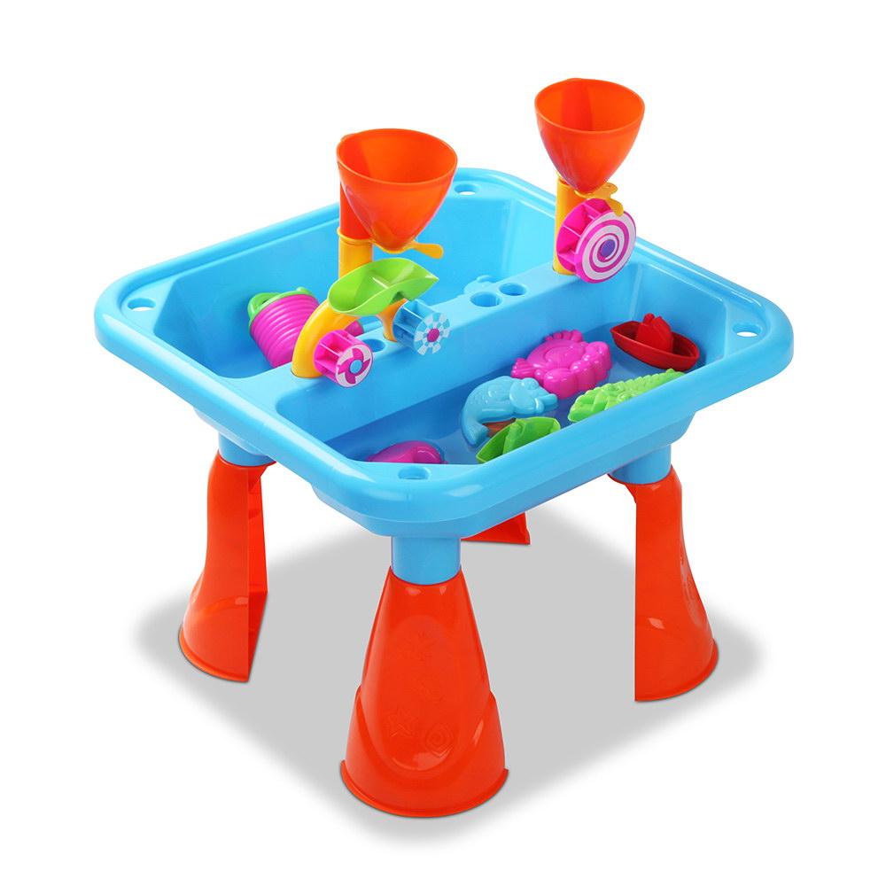 Keezi 23 Piece Kids Play Table Set featuring colorful sand and water play accessories including boats, moulds, and tools for outdoor fun.